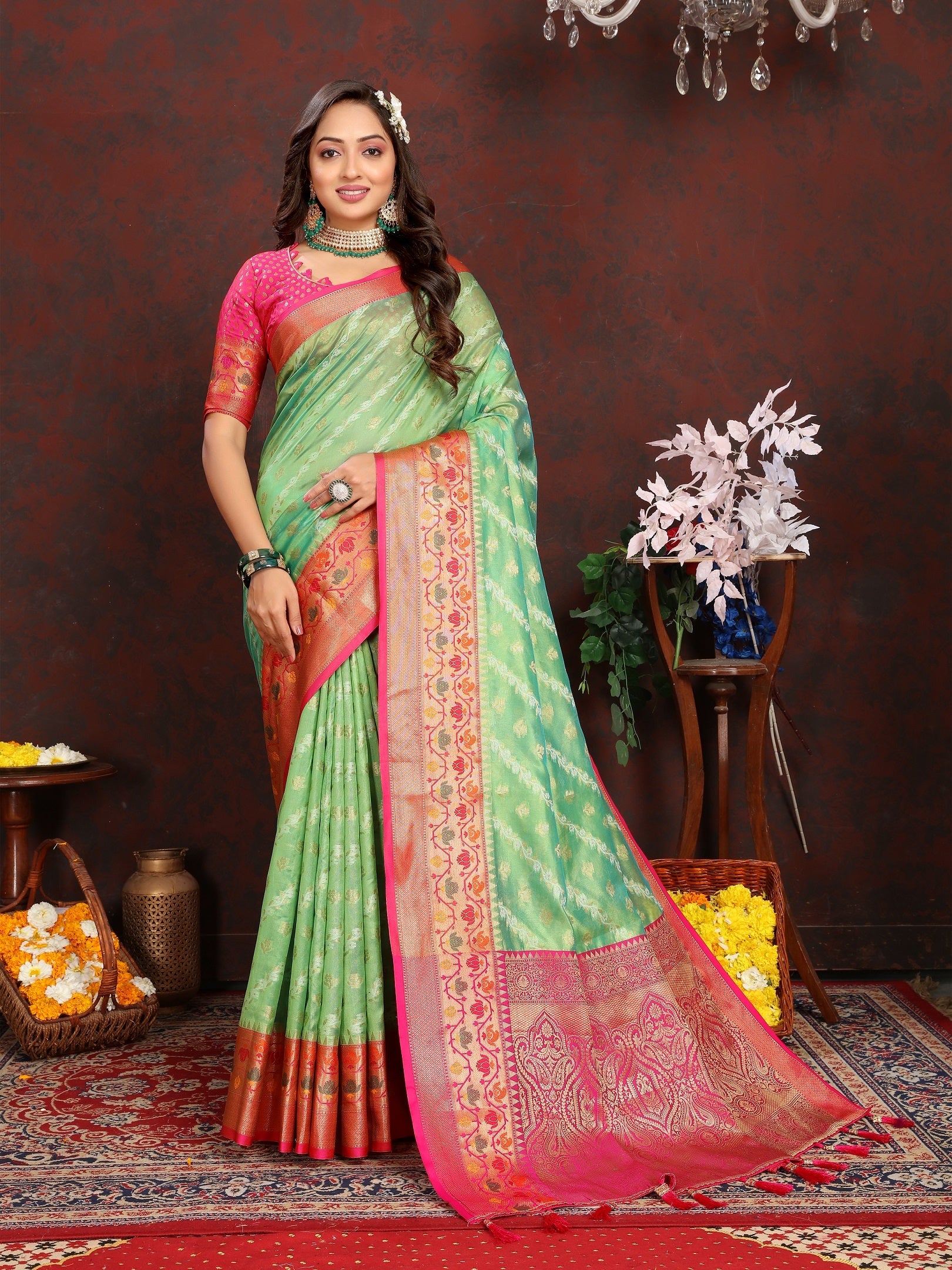 Vedant Vastram Parrot Color Kanjeevaram Organza Silk Saree - Parrot | Grocsy