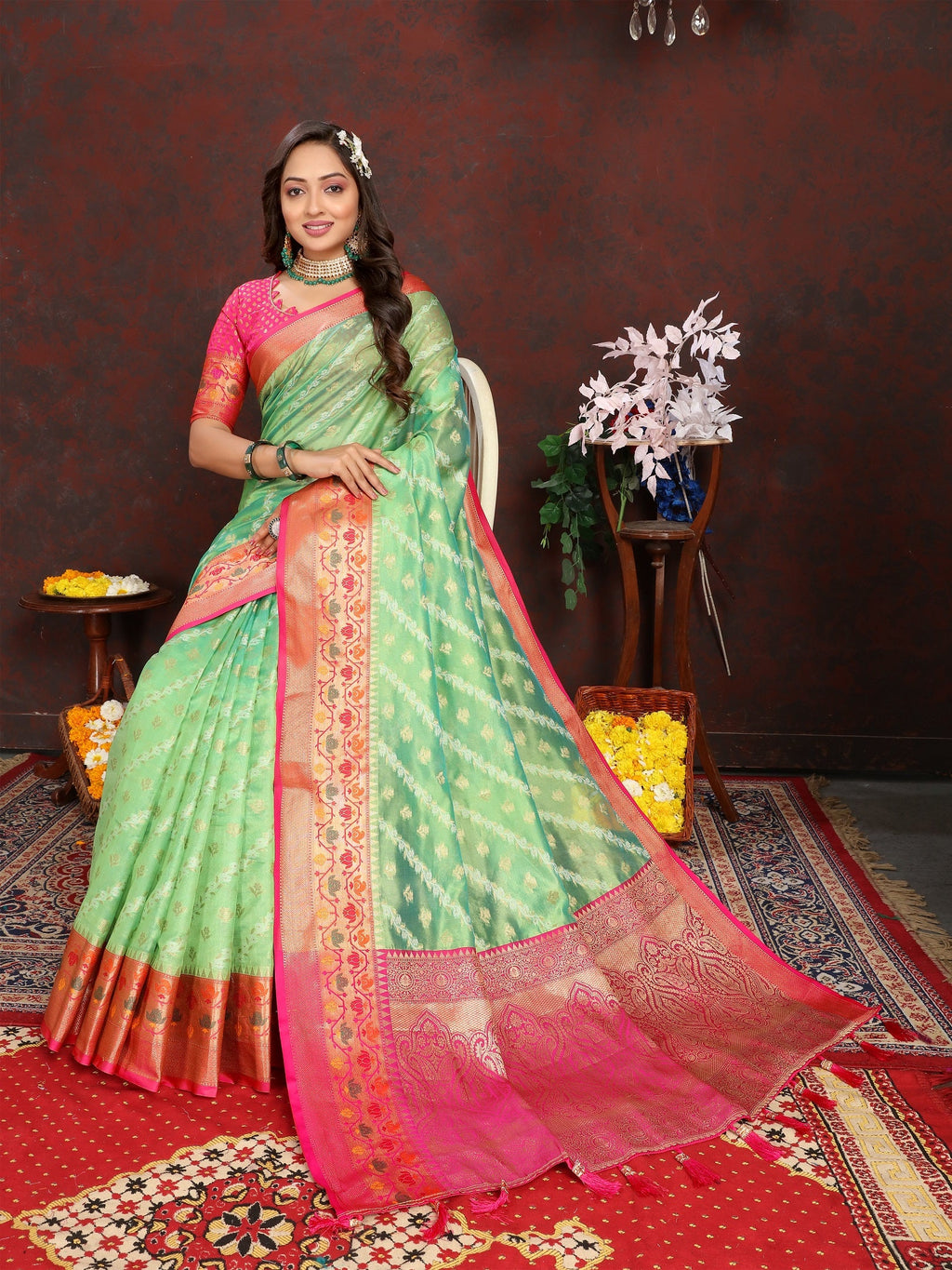 Vedant Vastram Parrot Color Kanjeevaram Organza Silk Saree - Parrot | Grocsy