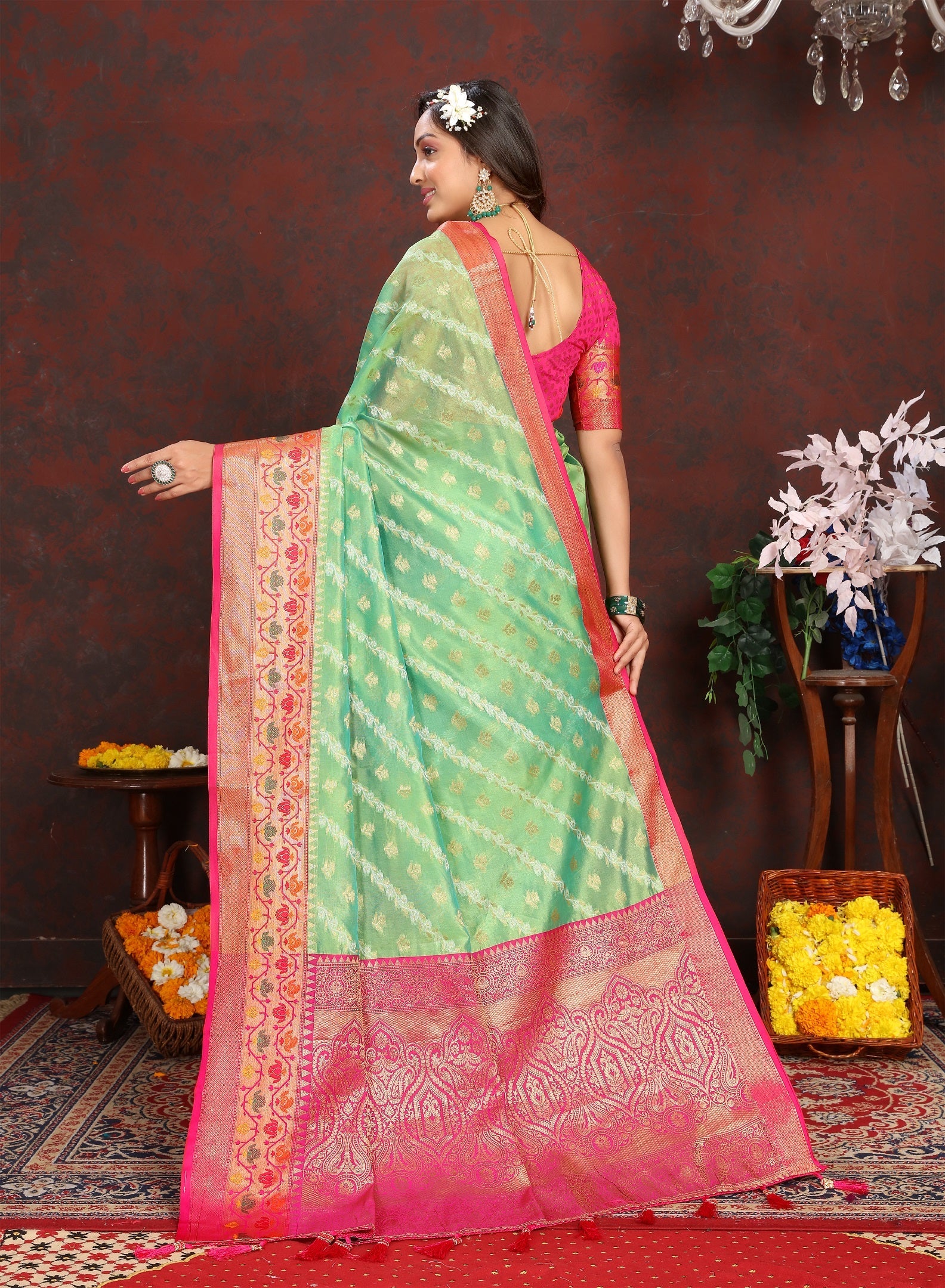 Vedant Vastram Parrot Color Kanjeevaram Organza Silk Saree - Parrot | Grocsy