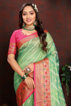 Vedant Vastram Parrot Color Kanjeevaram Organza Silk Saree - Parrot | Grocsy