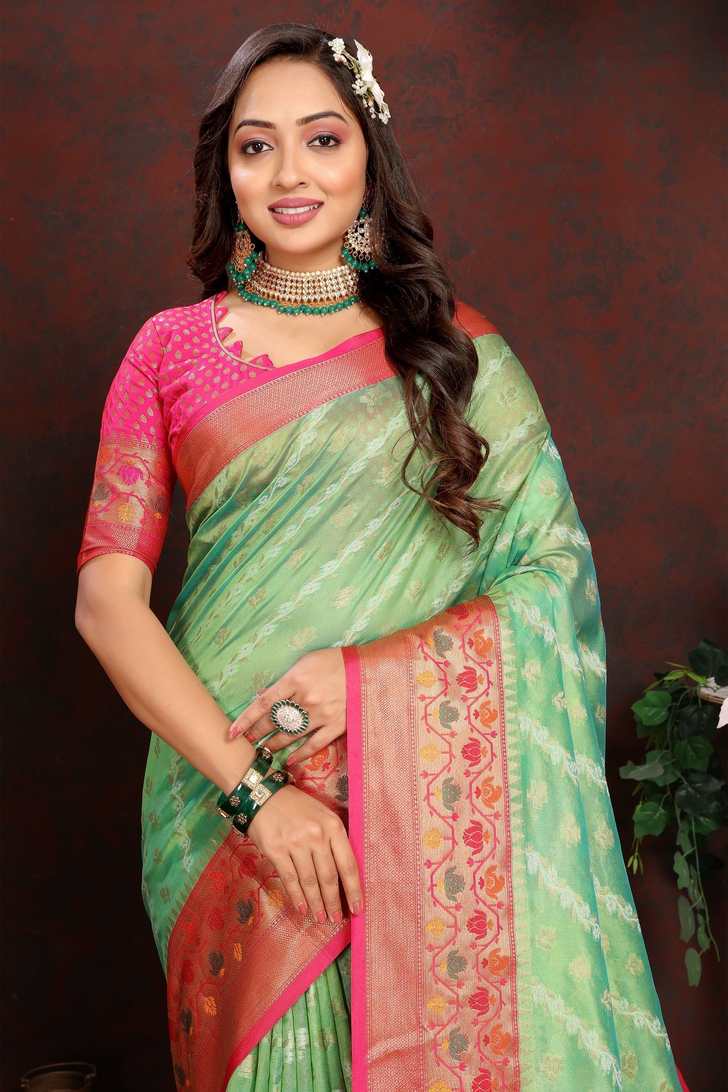 Vedant Vastram Parrot Color Kanjeevaram Organza Silk Saree - Parrot | Grocsy