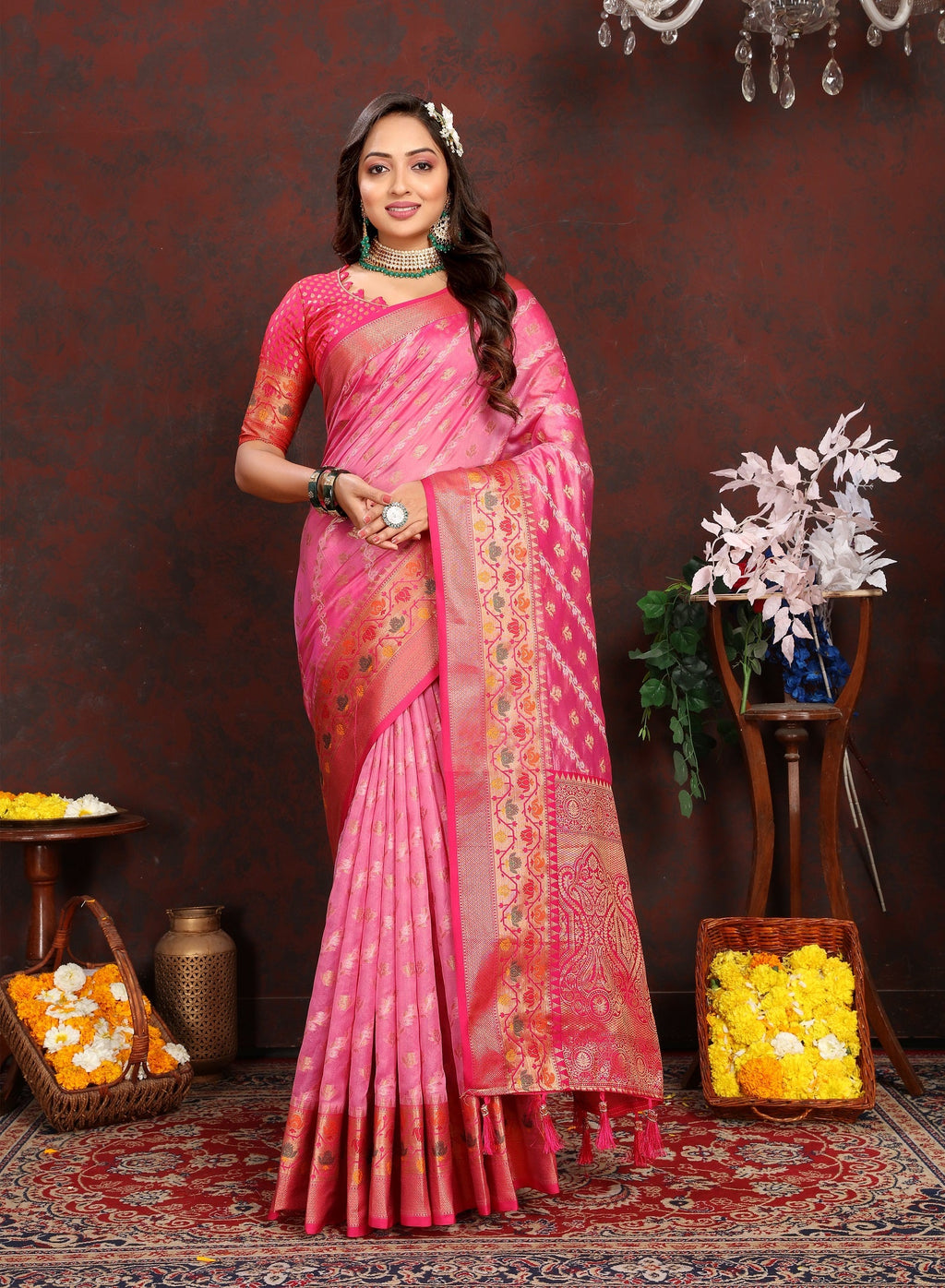 Vedant Vastram Pink Color Kanjeevaram Organza Silk Saree - Pink | Grocsy