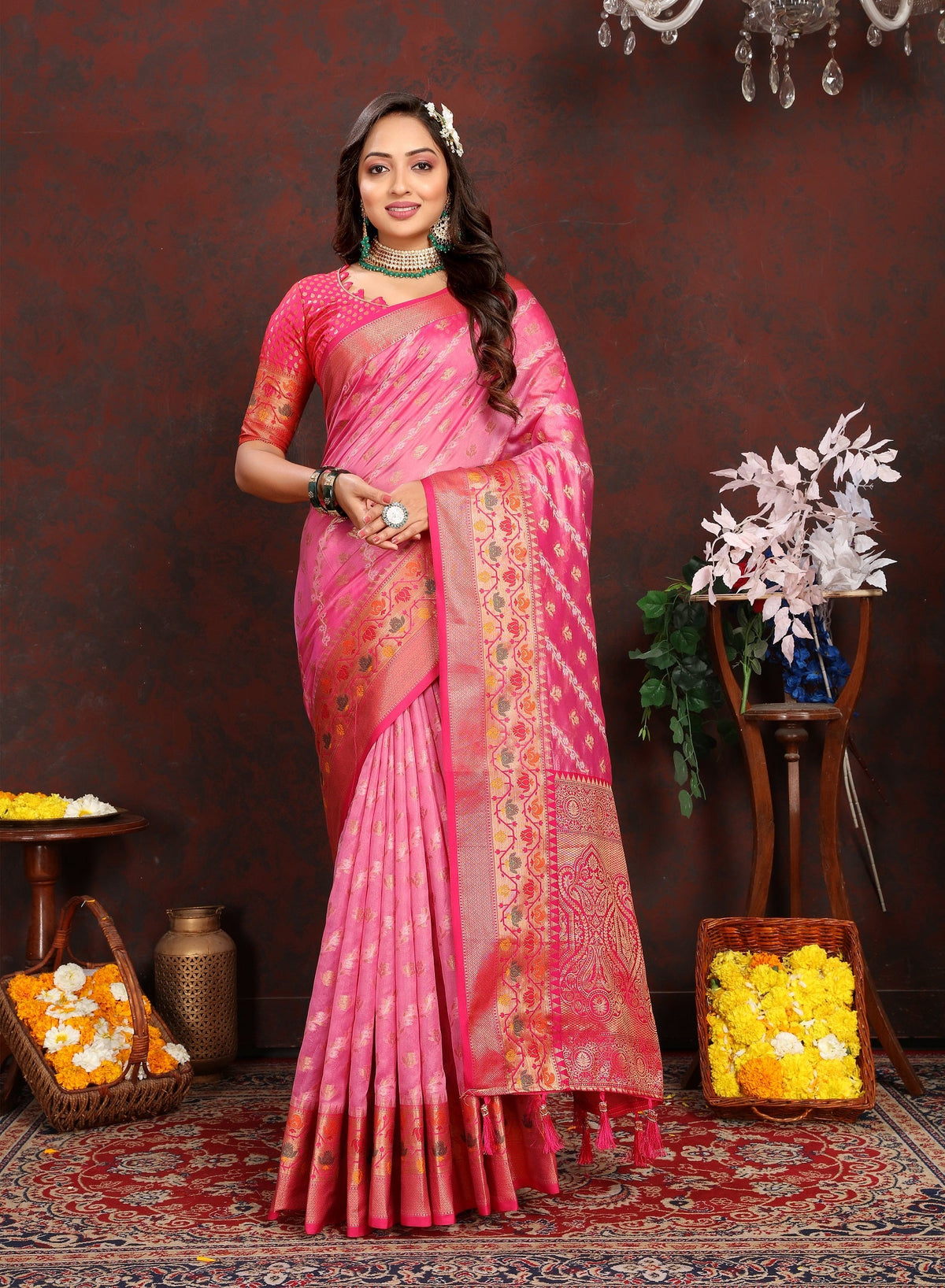 Vedant Vastram Pink Color Kanjeevaram Organza Silk Saree - Pink | Grocsy