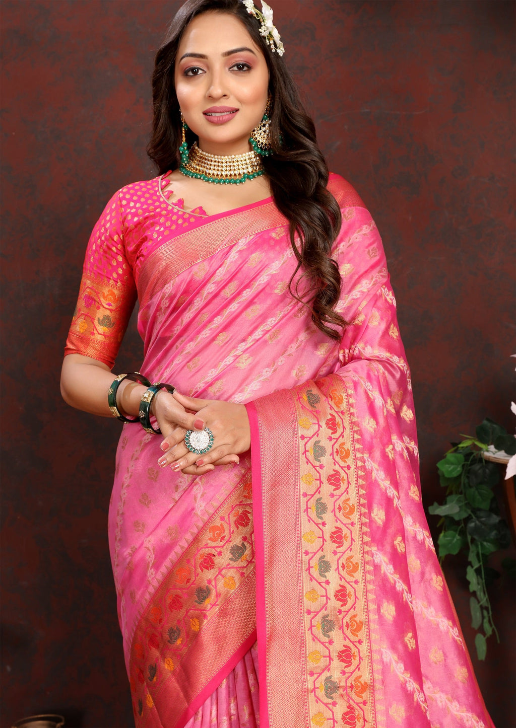 Vedant Vastram Pink Color Kanjeevaram Organza Silk Saree - Pink | Grocsy