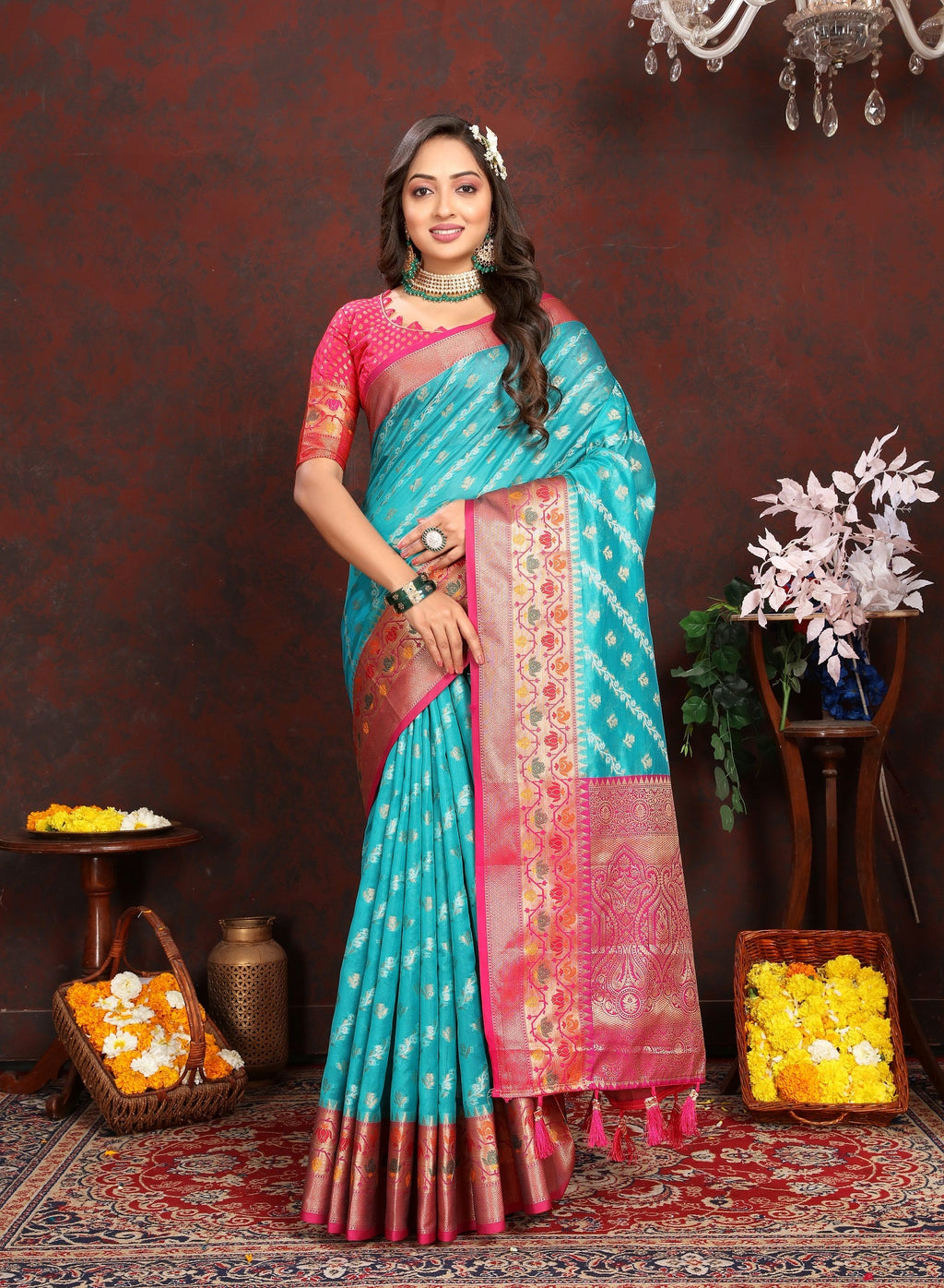 Vedant Vastram Rama Color Kanjeevaram Organza Silk Saree - Rama | Grocsy