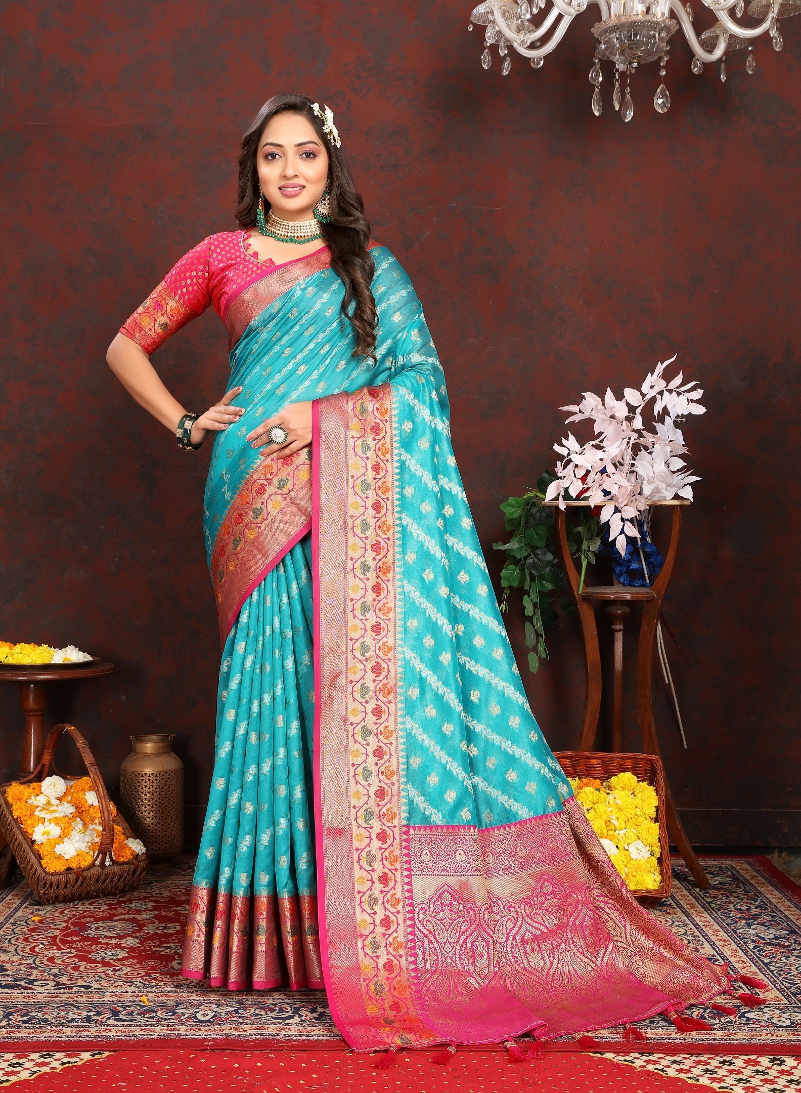 Vedant Vastram Rama Color Kanjeevaram Organza Silk Saree - Rama | Grocsy