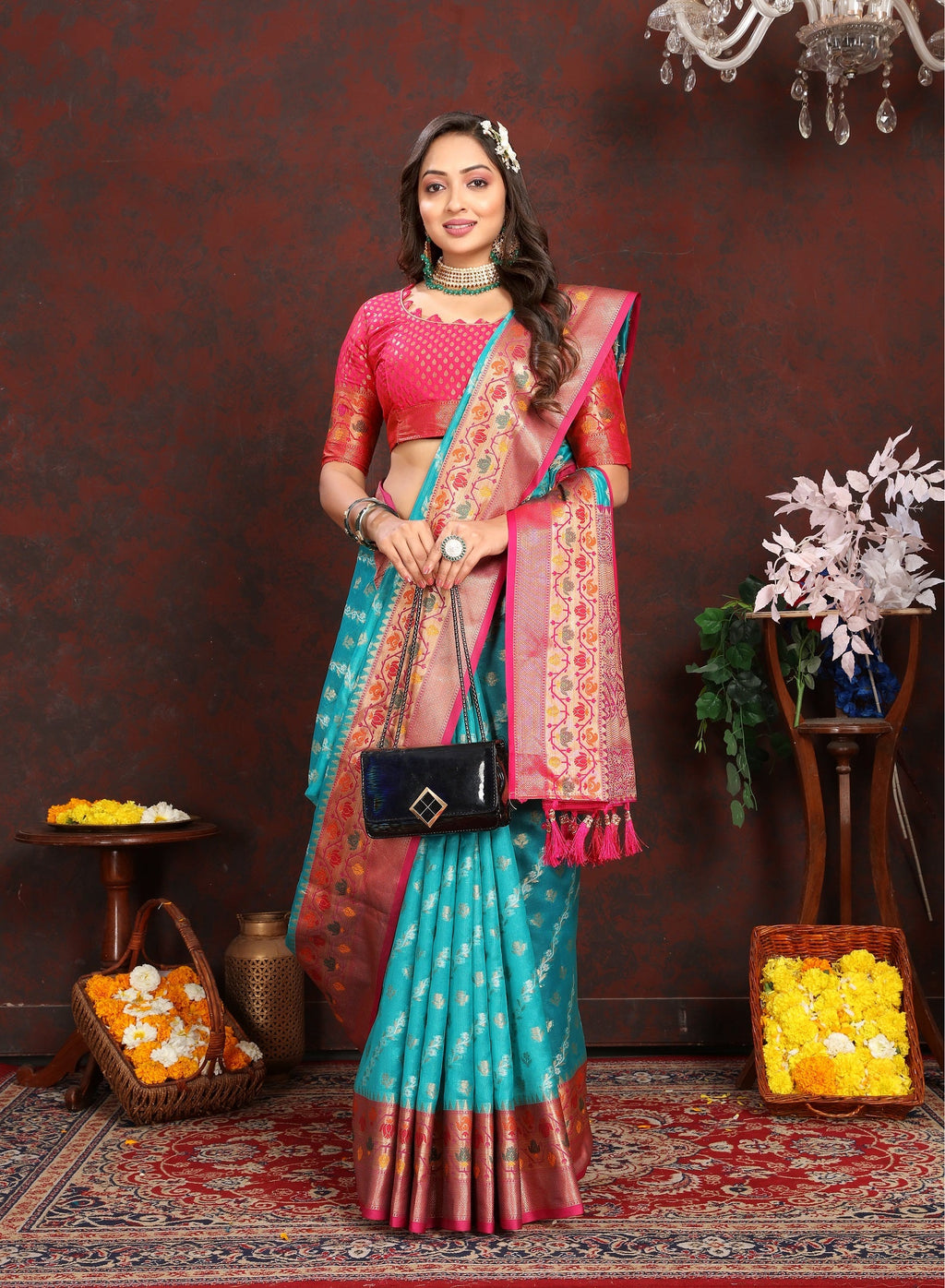 Vedant Vastram Rama Color Kanjeevaram Organza Silk Saree - Rama | Grocsy
