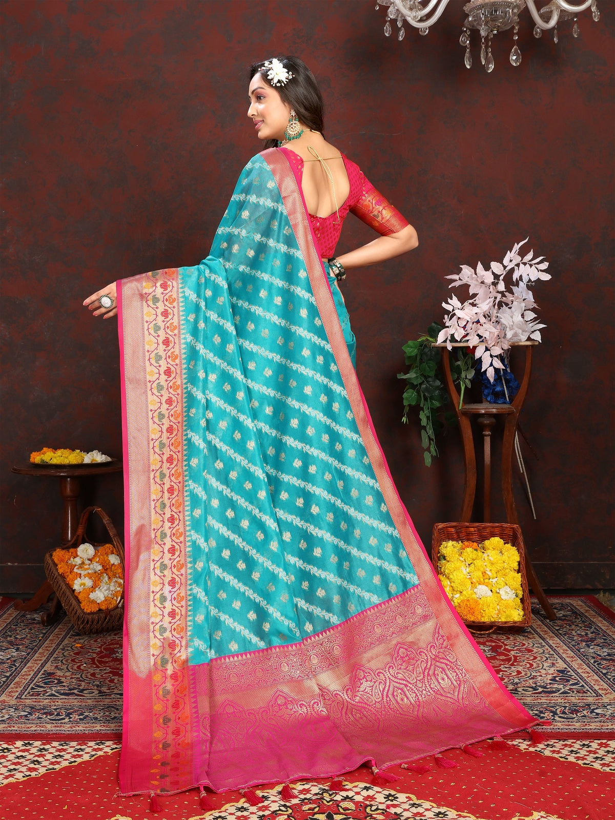 Vedant Vastram Rama Color Kanjeevaram Organza Silk Saree - Rama | Grocsy