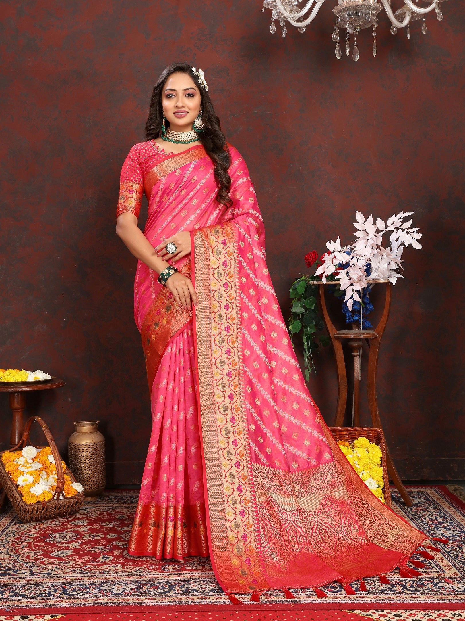 Vedant Vastram Tomato Color Kanjeevaram Organza Silk Saree - Tomato | Grocsy