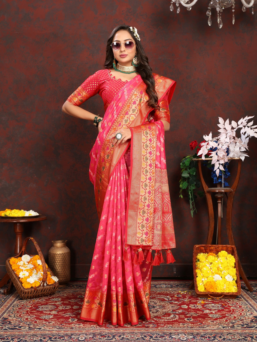Vedant Vastram Tomato Color Kanjeevaram Organza Silk Saree - Tomato | Grocsy