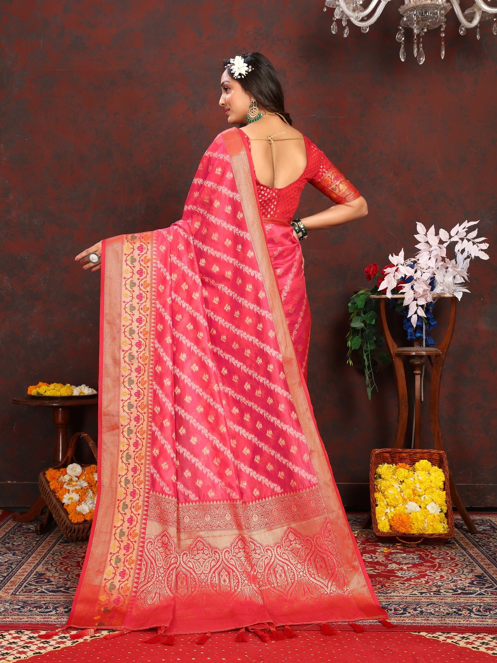 Vedant Vastram Tomato Color Kanjeevaram Organza Silk Saree - Tomato | Grocsy