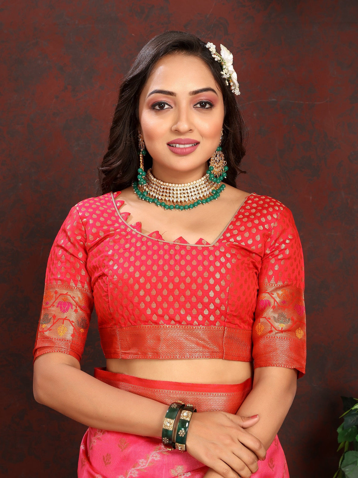 Vedant Vastram Tomato Color Kanjeevaram Organza Silk Saree - Tomato | Grocsy
