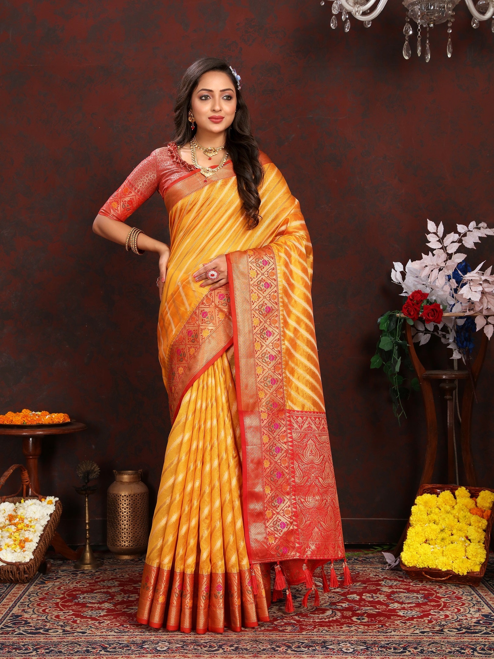 Vedant Vastram Mustard Color Kanjeevaram Organza Silk Saree - Mustard | Grocsy