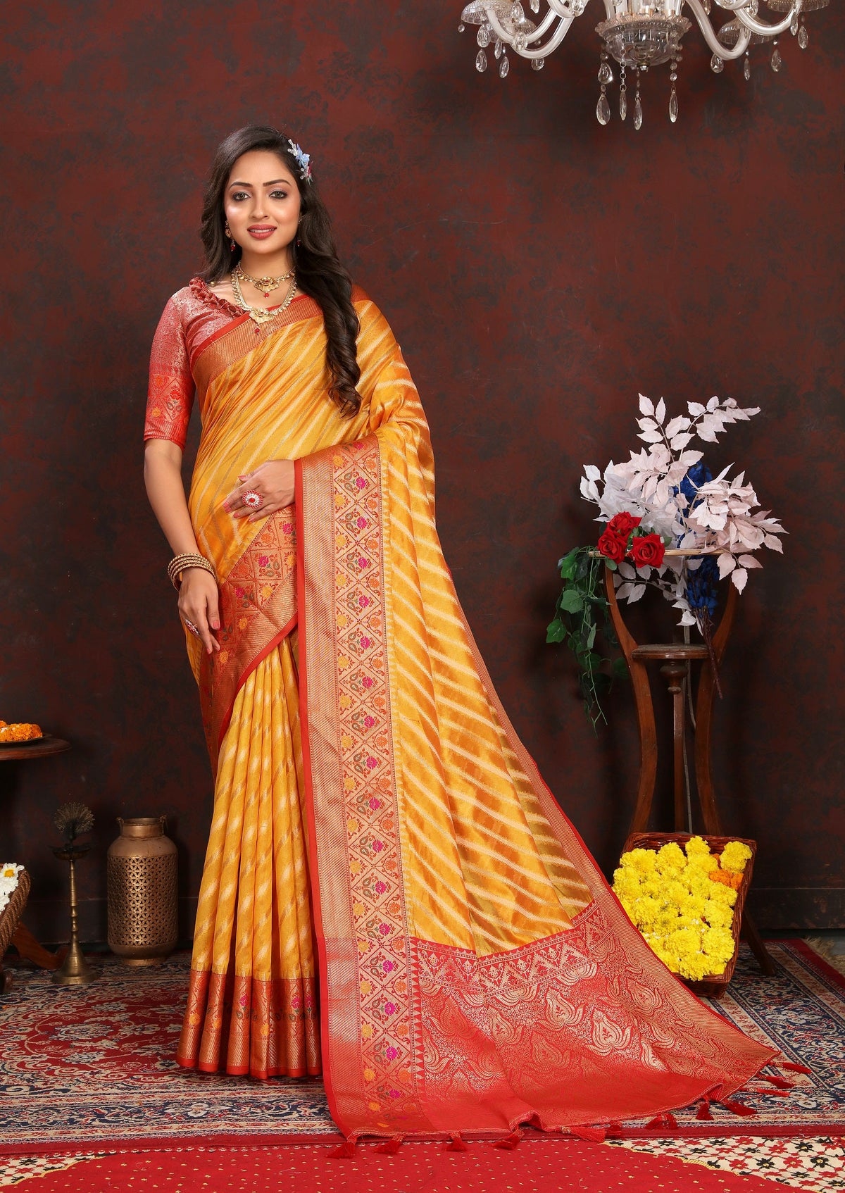 Vedant Vastram Mustard Color Kanjeevaram Organza Silk Saree - Mustard | Grocsy