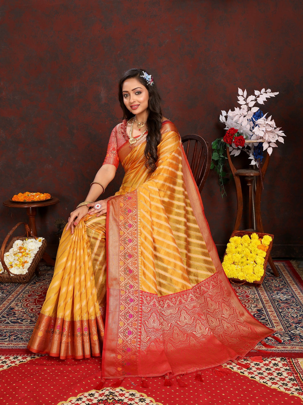 Vedant Vastram Mustard Color Kanjeevaram Organza Silk Saree - Mustard | Grocsy