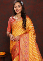 Vedant Vastram Mustard Color Kanjeevaram Organza Silk Saree - Mustard | Grocsy