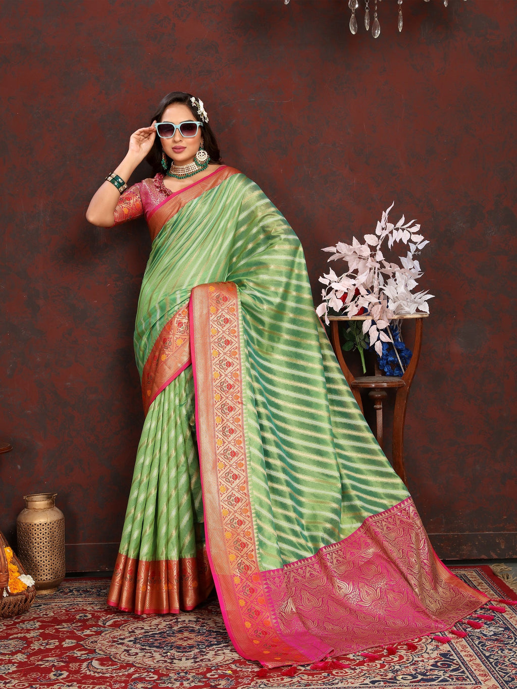 Vedant Vastram Parrot Color Kanjeevaram Organza Silk Saree - Parrot | Grocsy
