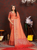 Vedant Vastram Peach Color Kanjeevaram Organza Silk Saree - Peach | Grocsy