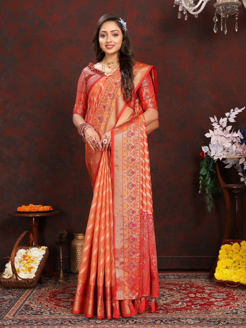 Vedant Vastram Peach Color Kanjeevaram Organza Silk Saree - Peach | Grocsy