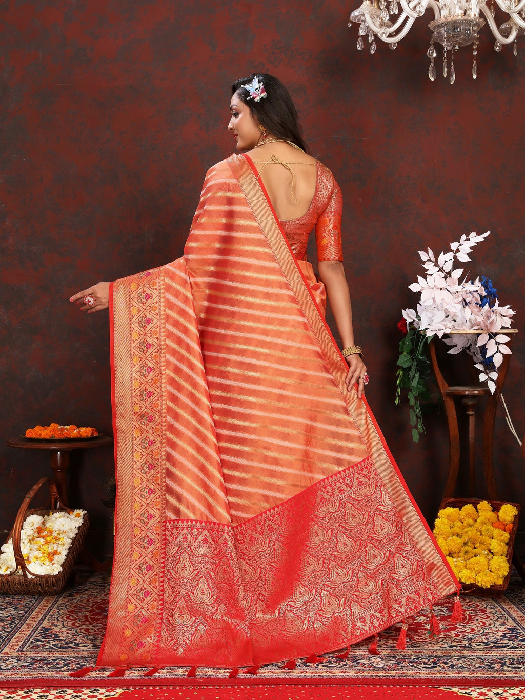 Vedant Vastram Peach Color Kanjeevaram Organza Silk Saree - Peach | Grocsy