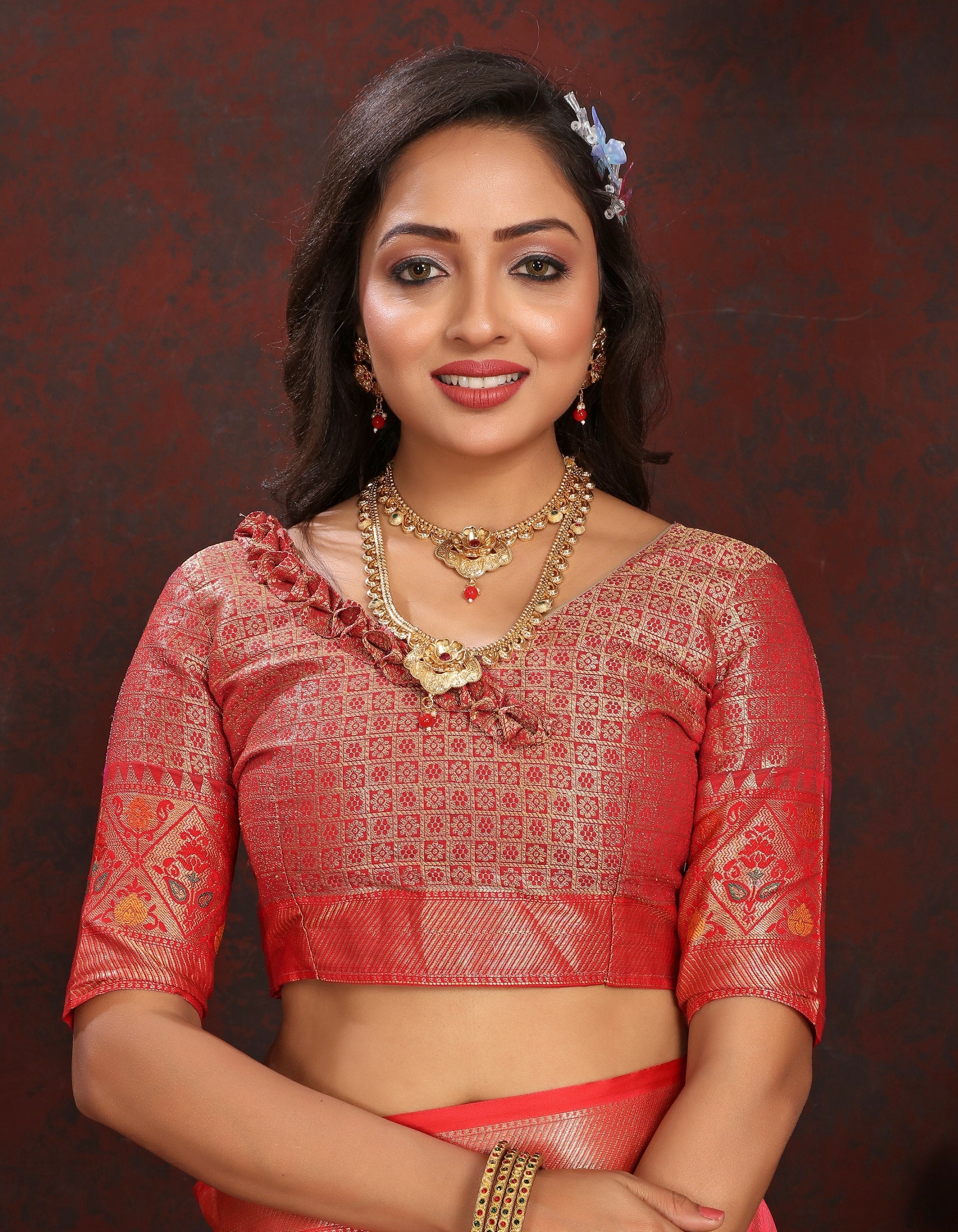 Vedant Vastram Peach Color Kanjeevaram Organza Silk Saree - Peach | Grocsy