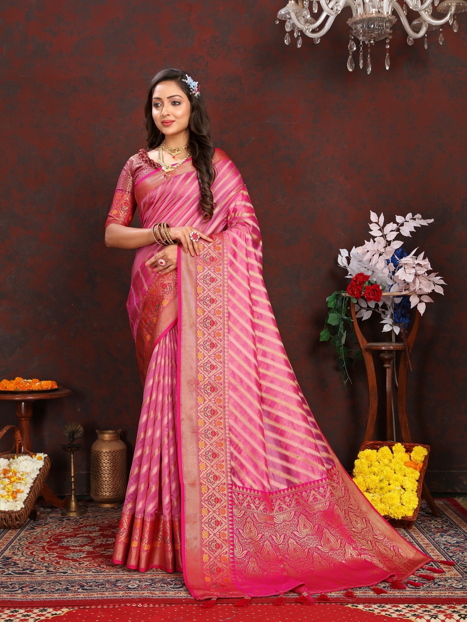 Vedant Vastram Pink Color Kanjeevaram Organza Silk Saree - Pink | Grocsy