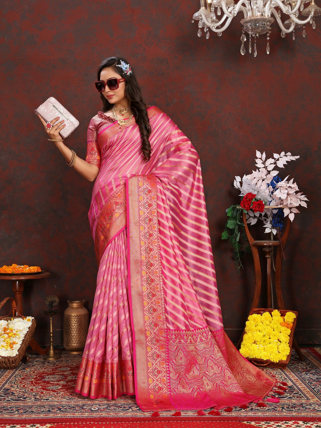 Vedant Vastram Pink Color Kanjeevaram Organza Silk Saree - Pink | Grocsy