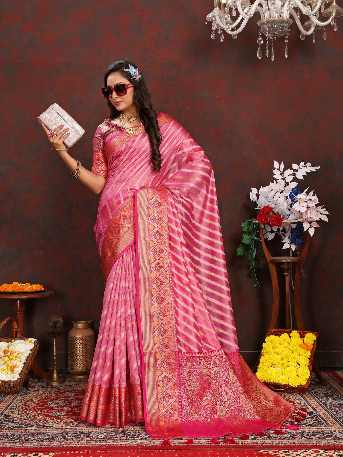Vedant Vastram Pink Color Kanjeevaram Organza Silk Saree - Pink | Grocsy