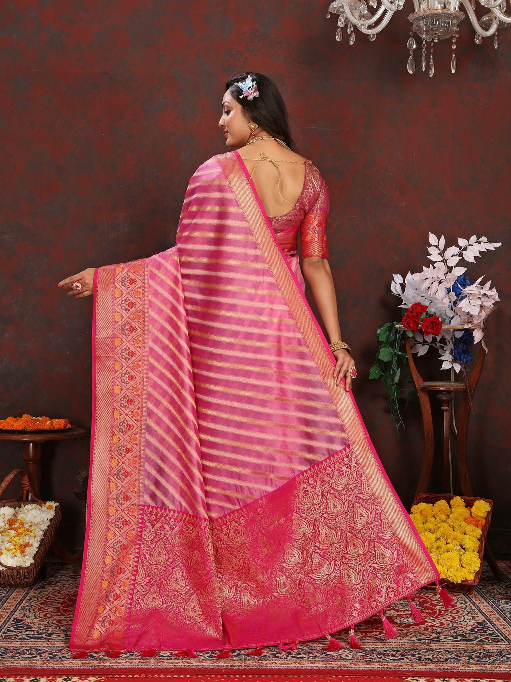Vedant Vastram Pink Color Kanjeevaram Organza Silk Saree - Pink | Grocsy