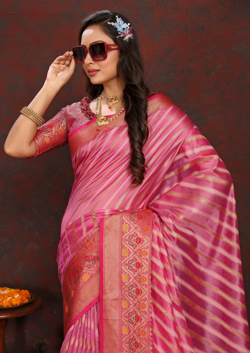 Vedant Vastram Pink Color Kanjeevaram Organza Silk Saree - Pink | Grocsy