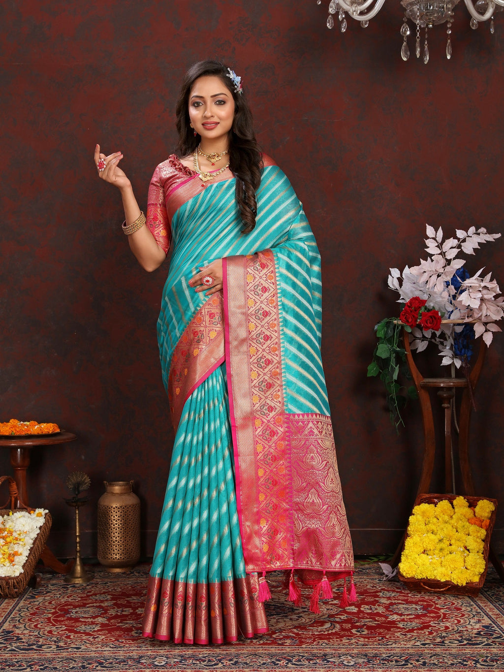 Vedant Vastram Rama Color Kanjeevaram Organza Silk Saree - Rama | Grocsy