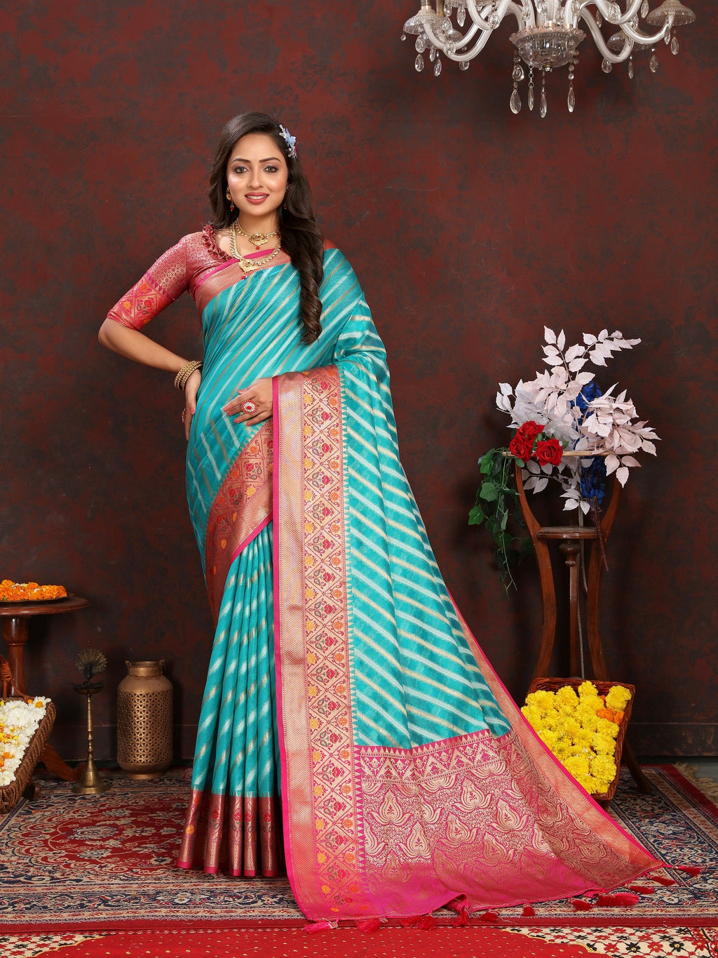 Vedant Vastram Rama Color Kanjeevaram Organza Silk Saree - Rama | Grocsy