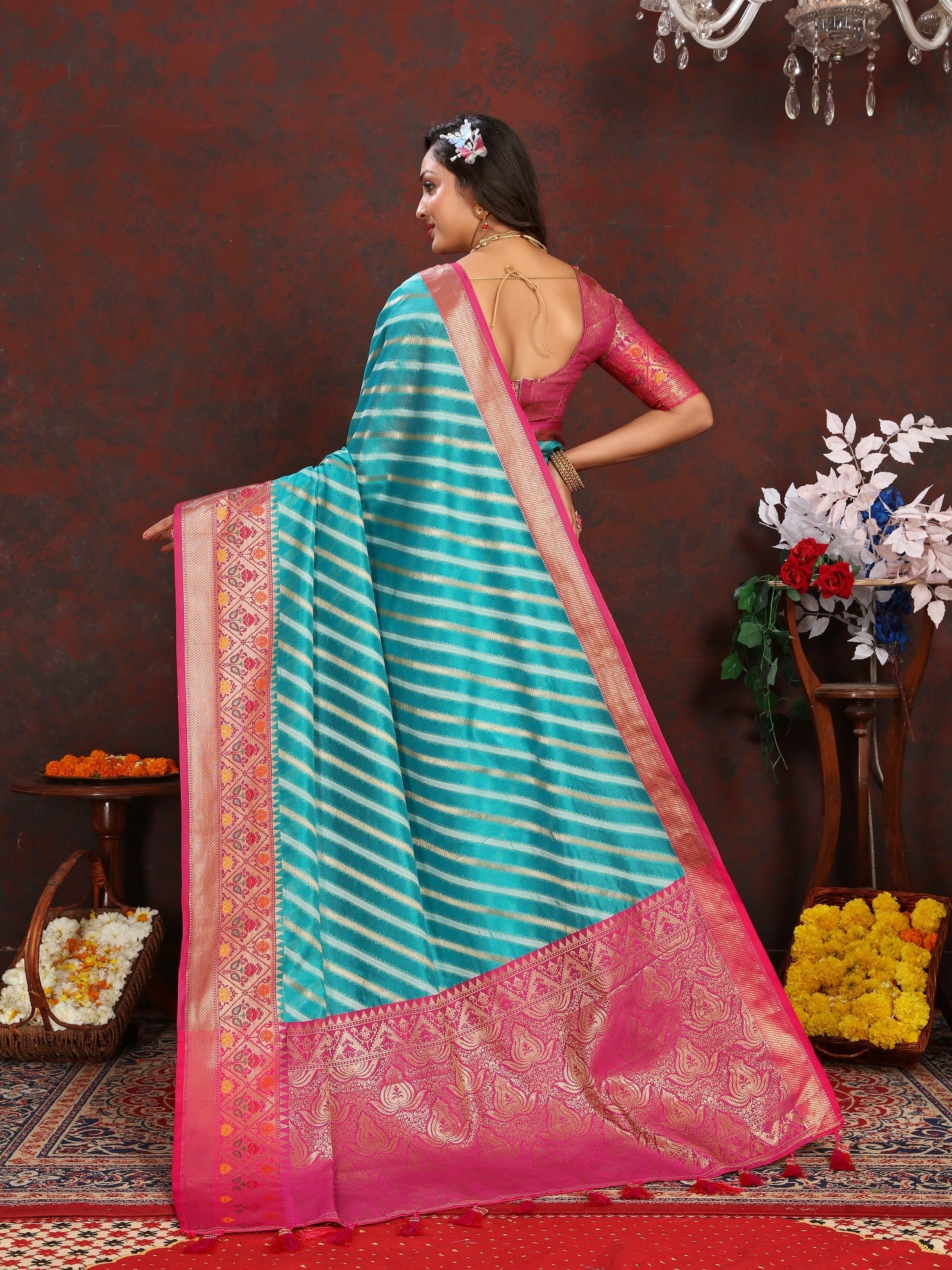 Vedant Vastram Rama Color Kanjeevaram Organza Silk Saree - Rama | Grocsy