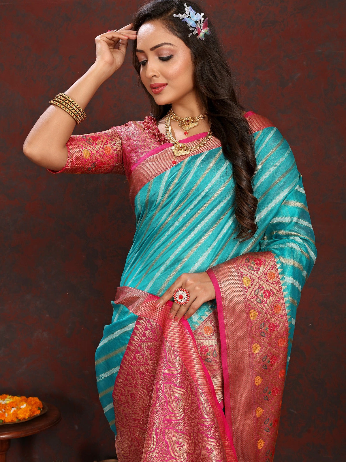 Vedant Vastram Rama Color Kanjeevaram Organza Silk Saree - Rama | Grocsy