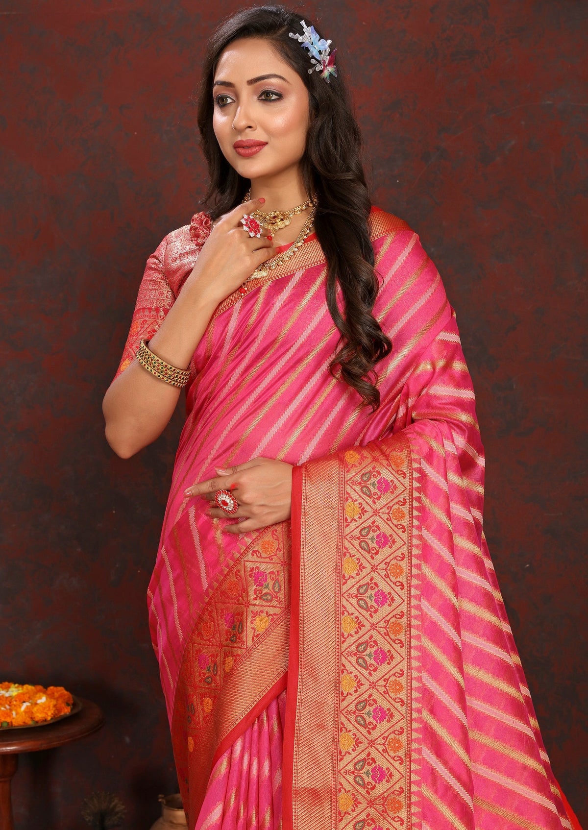 Vedant Vastram Tomato Color Kanjeevaram Organza Silk Saree - Tomato | Grocsy