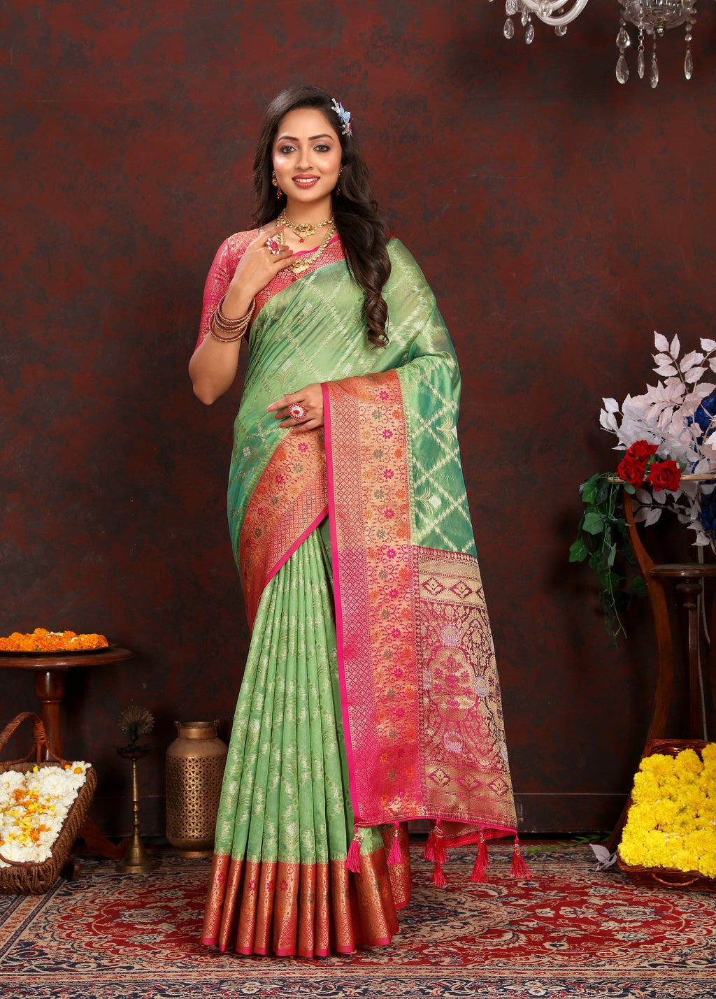 Vedant Vastram Parrot Color Kanjeevaram Organza Silk Saree - Parrot | Grocsy