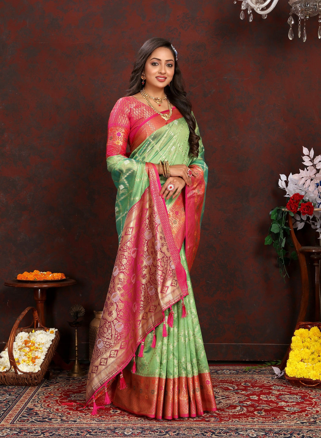 Vedant Vastram Parrot Color Kanjeevaram Organza Silk Saree - Parrot | Grocsy
