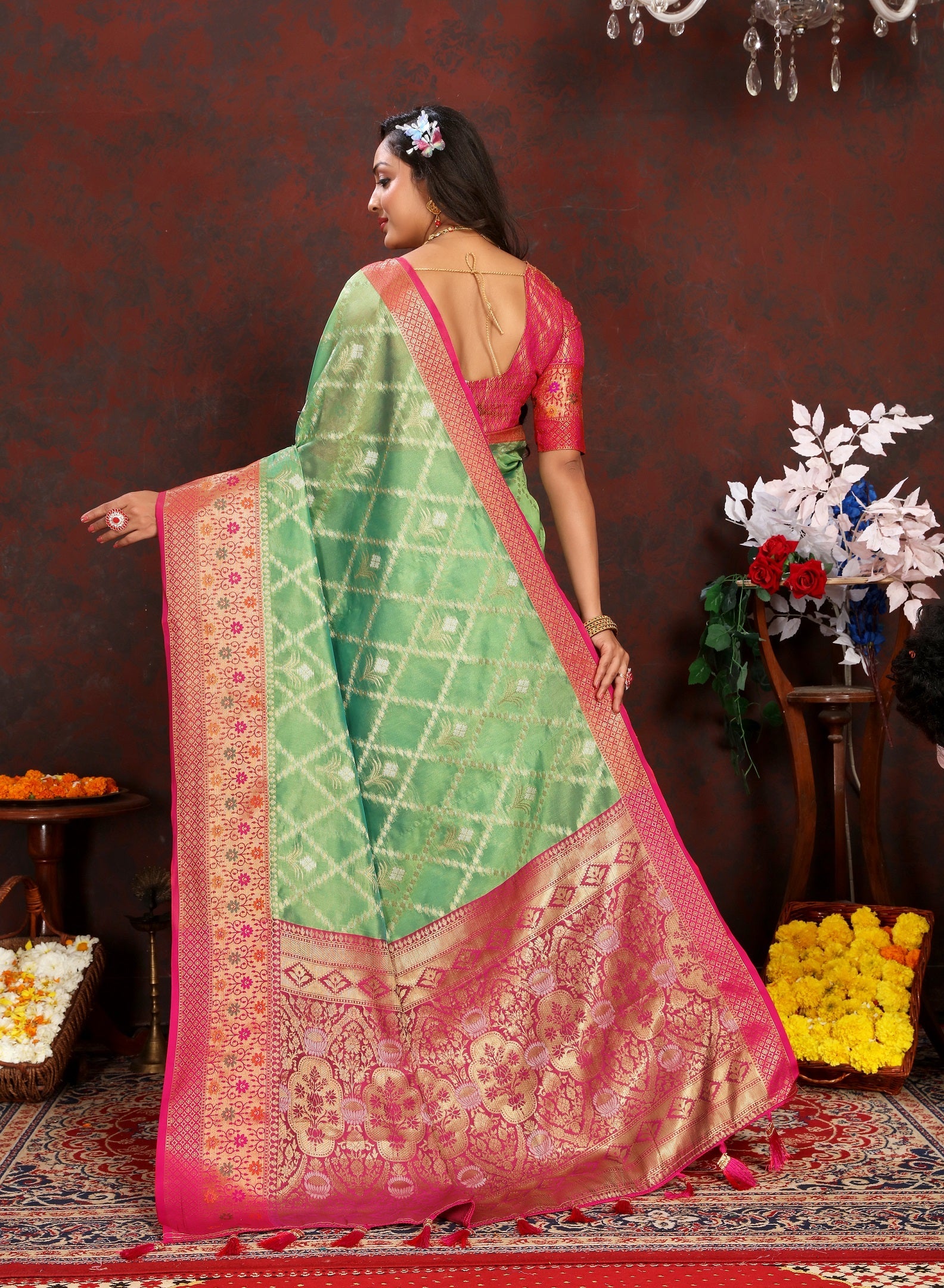 Vedant Vastram Parrot Color Kanjeevaram Organza Silk Saree - Parrot | Grocsy