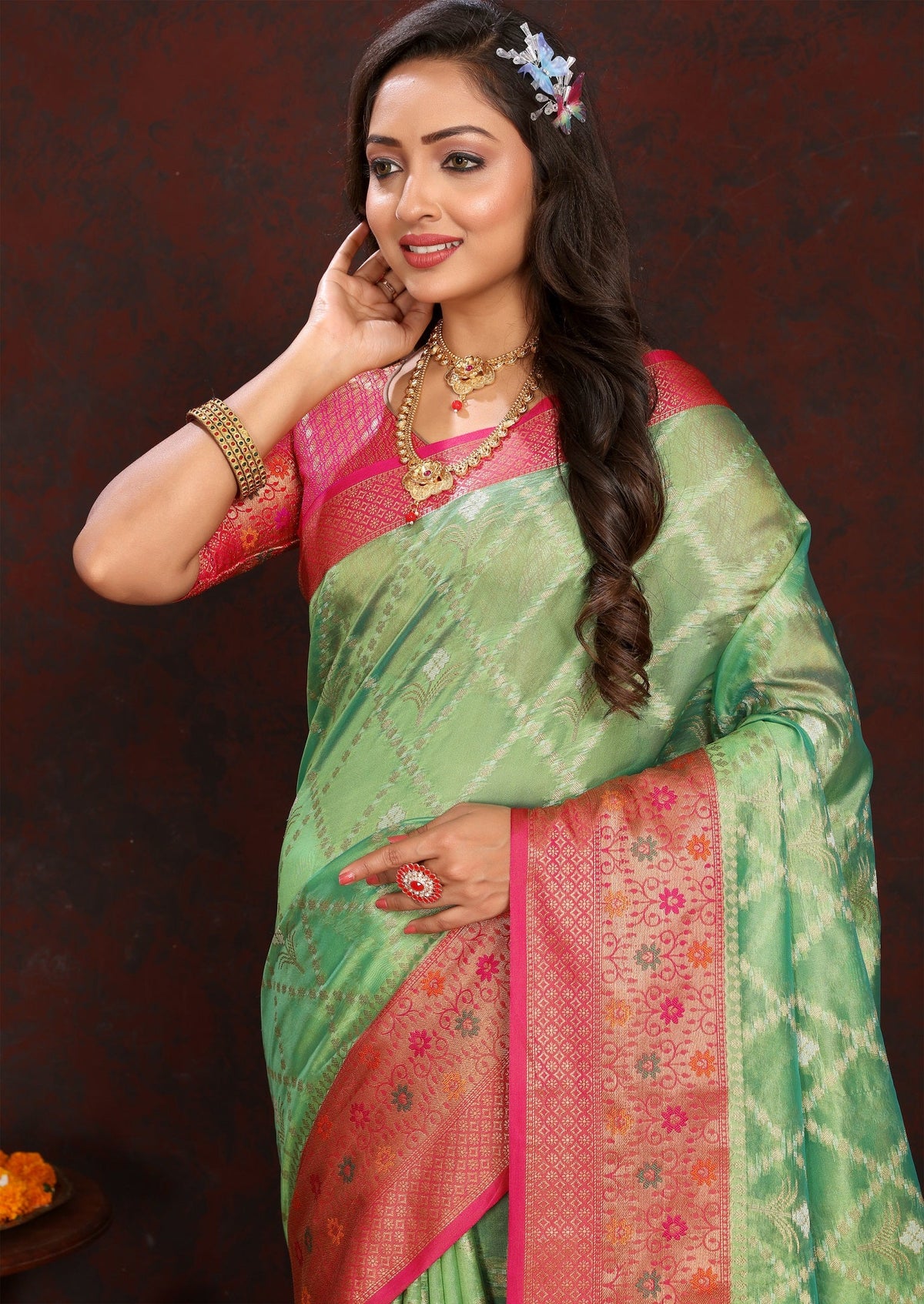 Vedant Vastram Parrot Color Kanjeevaram Organza Silk Saree - Parrot | Grocsy