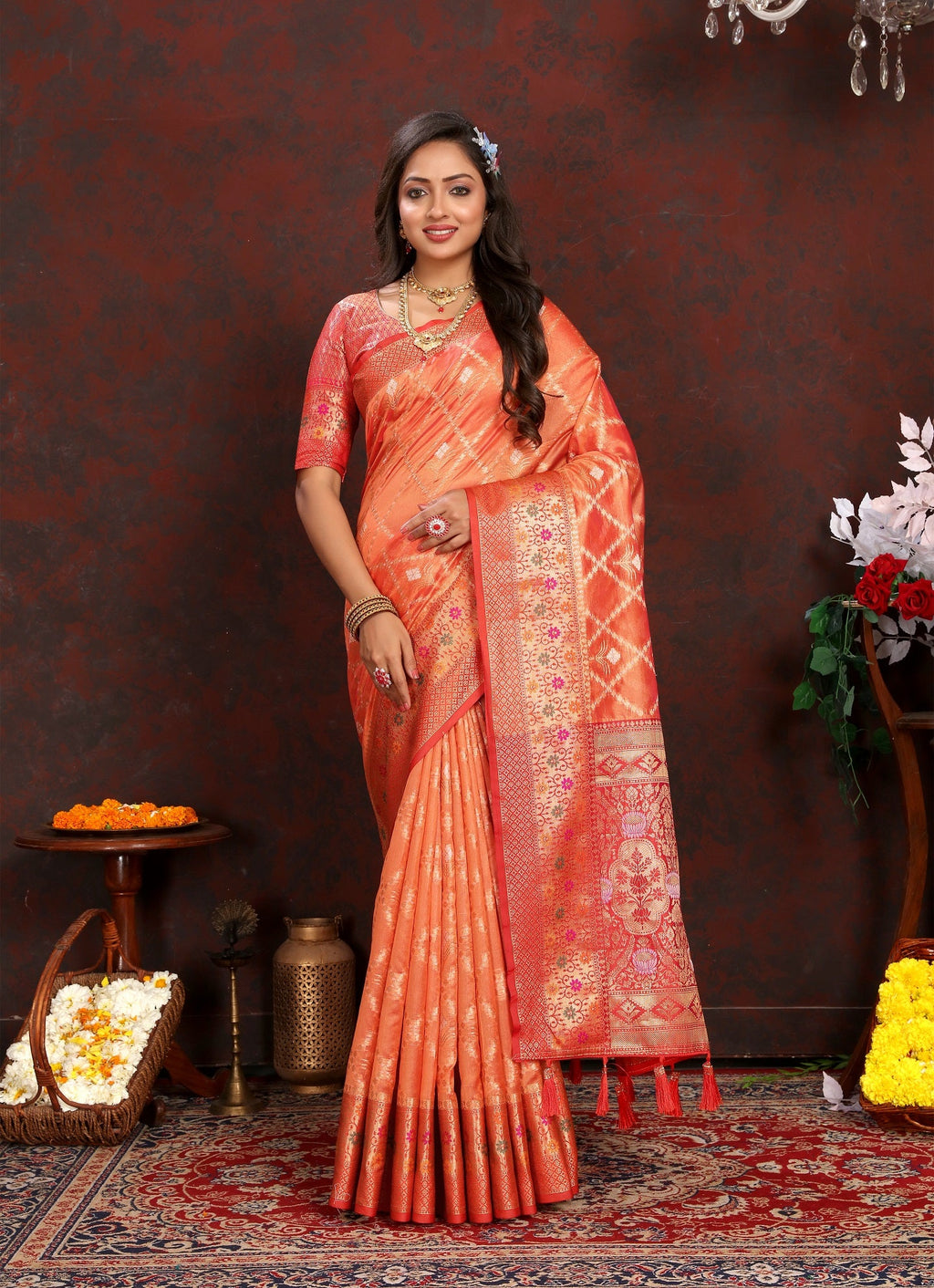 Vedant Vastram Peach Color Kanjeevaram Organza Silk Saree - Peach | Grocsy