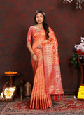 Vedant Vastram Peach Color Kanjeevaram Organza Silk Saree - Peach | Grocsy