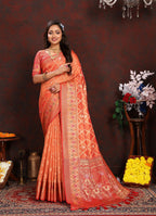 Vedant Vastram Peach Color Kanjeevaram Organza Silk Saree - Peach | Grocsy