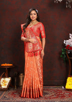 Vedant Vastram Peach Color Kanjeevaram Organza Silk Saree - Peach | Grocsy