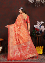 Vedant Vastram Peach Color Kanjeevaram Organza Silk Saree - Peach | Grocsy