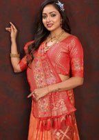 Vedant Vastram Peach Color Kanjeevaram Organza Silk Saree - Peach | Grocsy