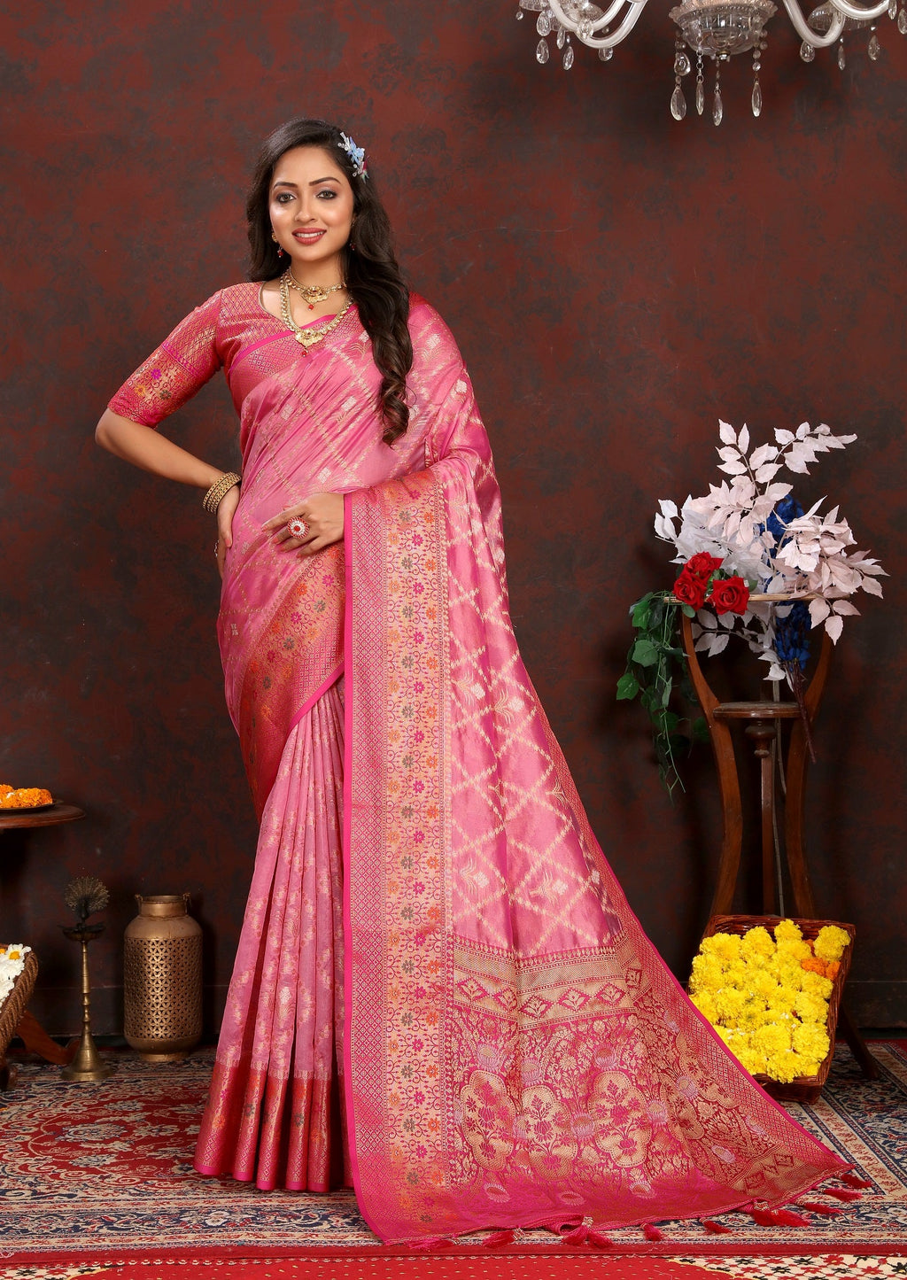 Vedant Vastram Pink Color Kanjeevaram Organza Silk Saree - Pink | Grocsy