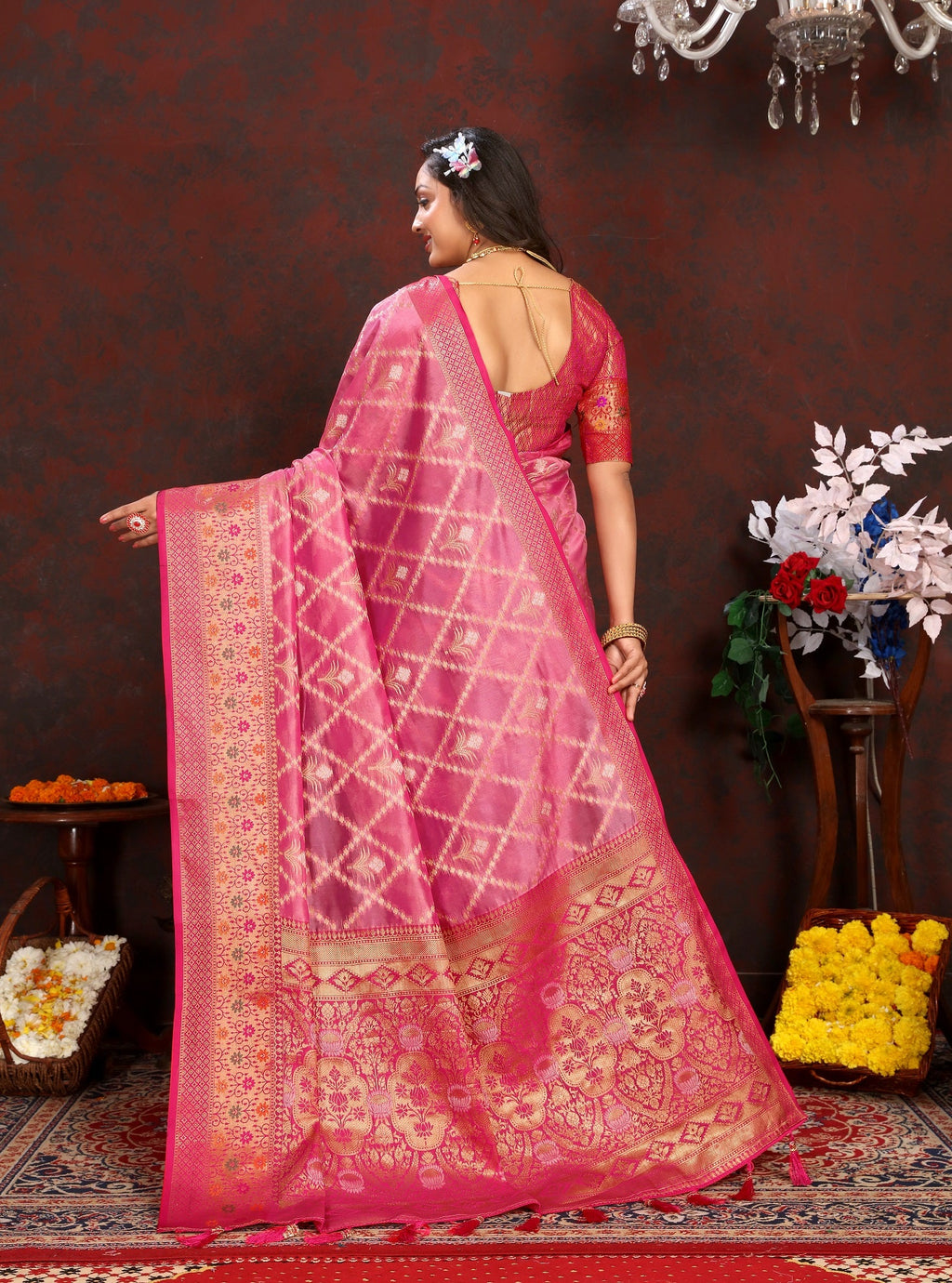 Vedant Vastram Pink Color Kanjeevaram Organza Silk Saree - Pink | Grocsy
