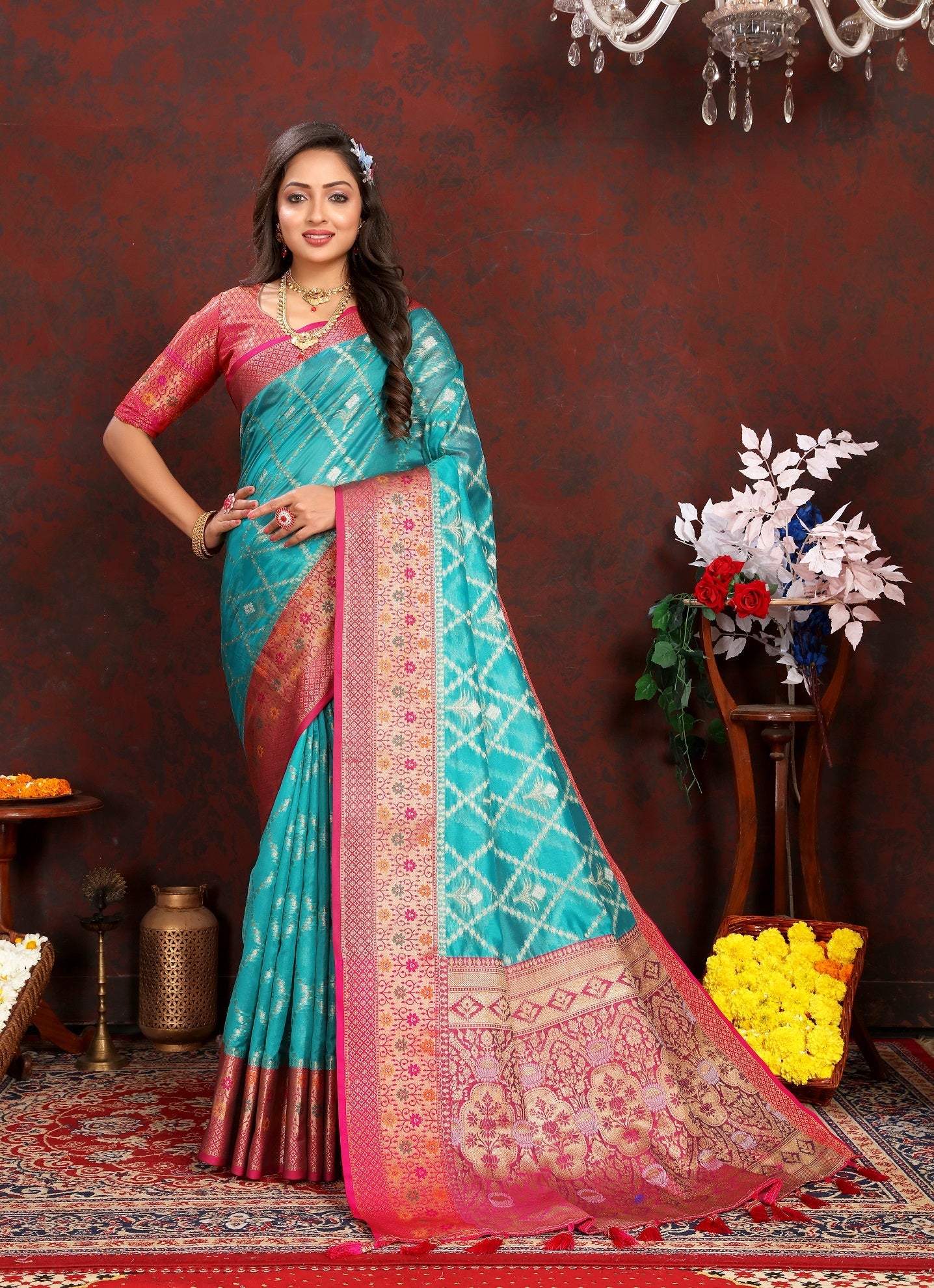 Vedant Vastram Rama Color Kanjeevaram Organza Silk Saree - Rama | Grocsy