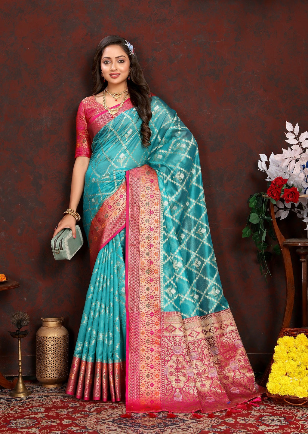 Vedant Vastram Rama Color Kanjeevaram Organza Silk Saree - Rama | Grocsy