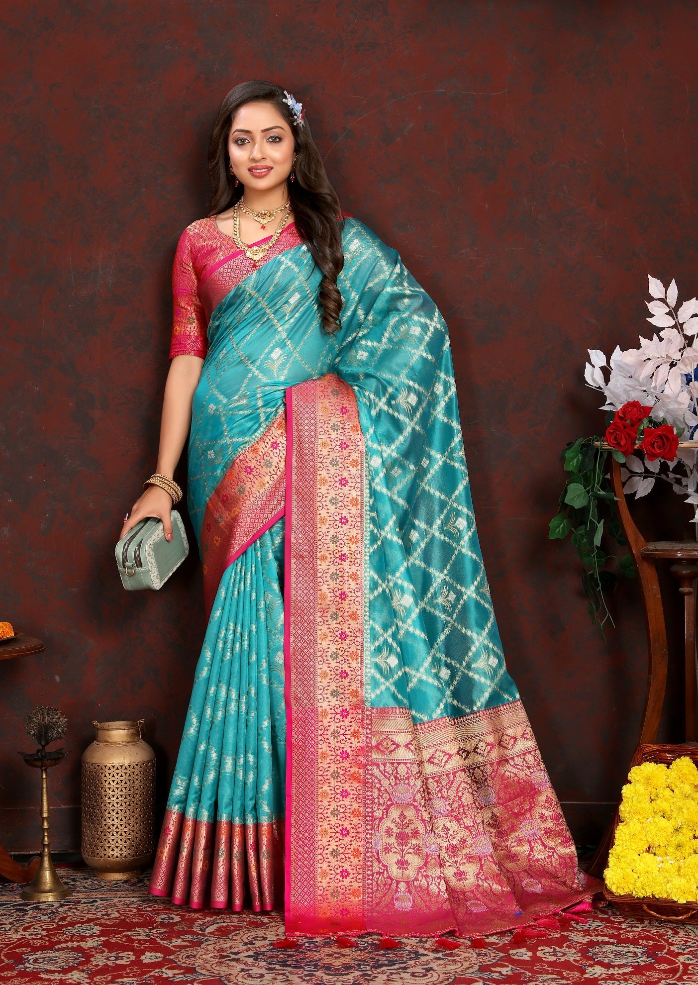 Vedant Vastram Rama Color Kanjeevaram Organza Silk Saree - Rama | Grocsy
